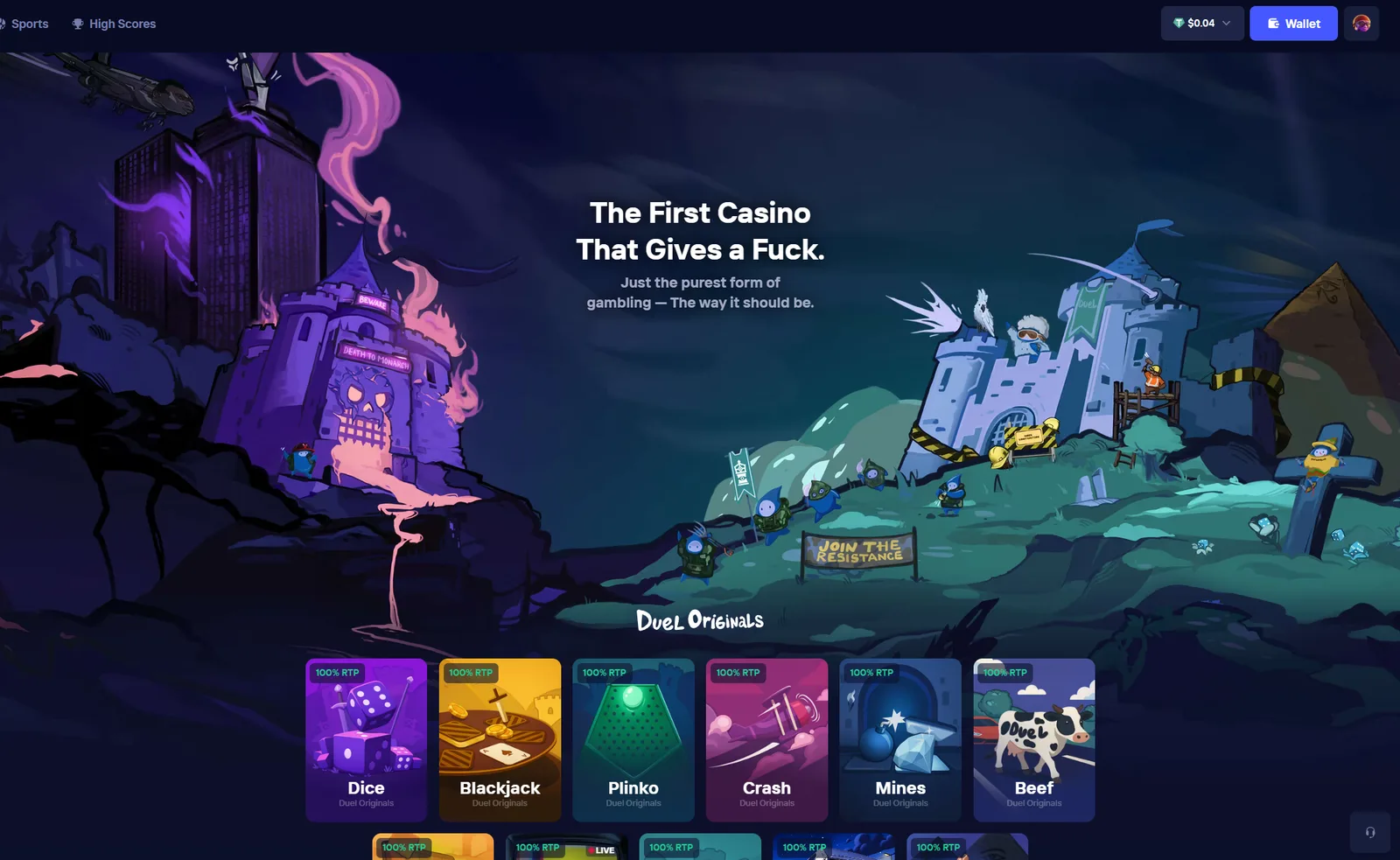 Duel homepage: slogan and Originals showcase with 100% RTP
