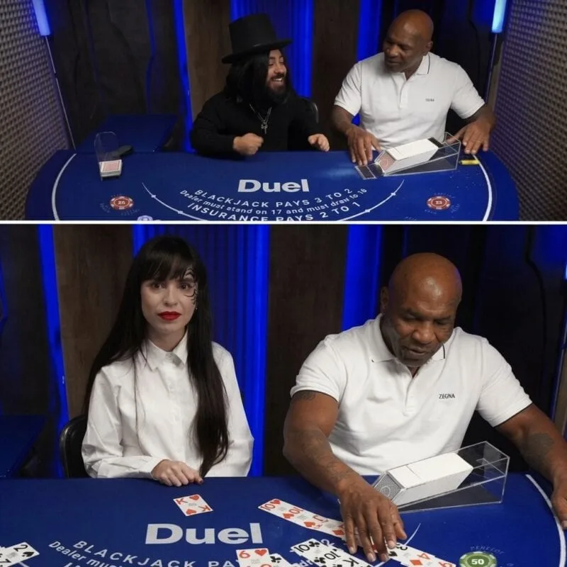 Mike Tyson deals cards at a live Duel blackjack table