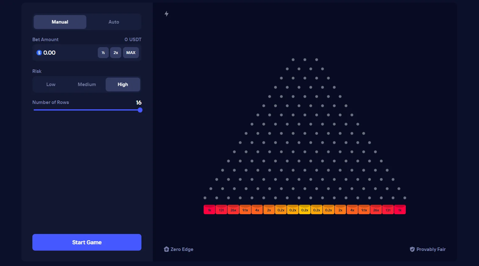 Plinko at Duel: 16 rows, high risk, multipliers from 0.2x to 1k