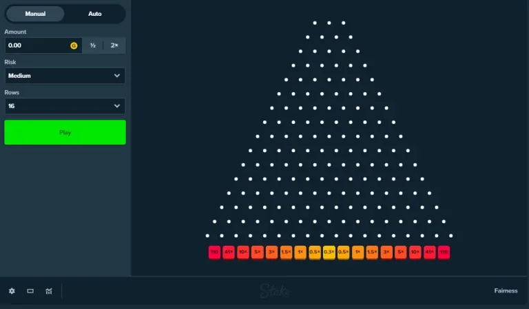 Plinko on Stake: 16 rows, medium risk, and a row of multipliers