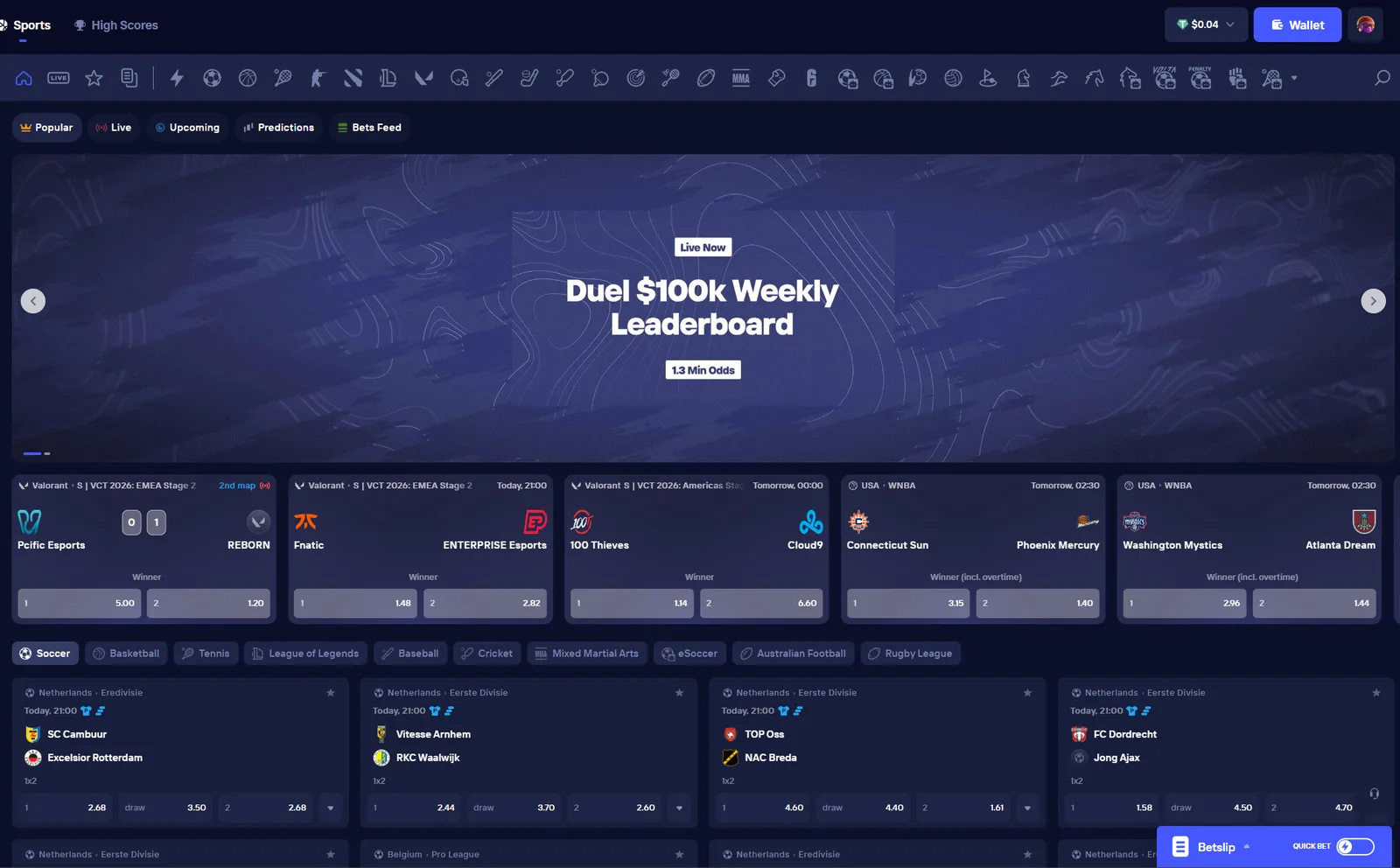 Duel sports betting section with a weekly leaderboard for $100,000
