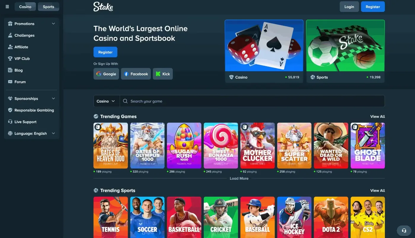 Stake casino homepage: slot catalog and sports section